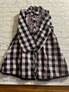 POGO CLUB OF NY COTTON WITH METALLIC PLAID BLACK AND PINK RUFFLE FRONT DRESS 7/8